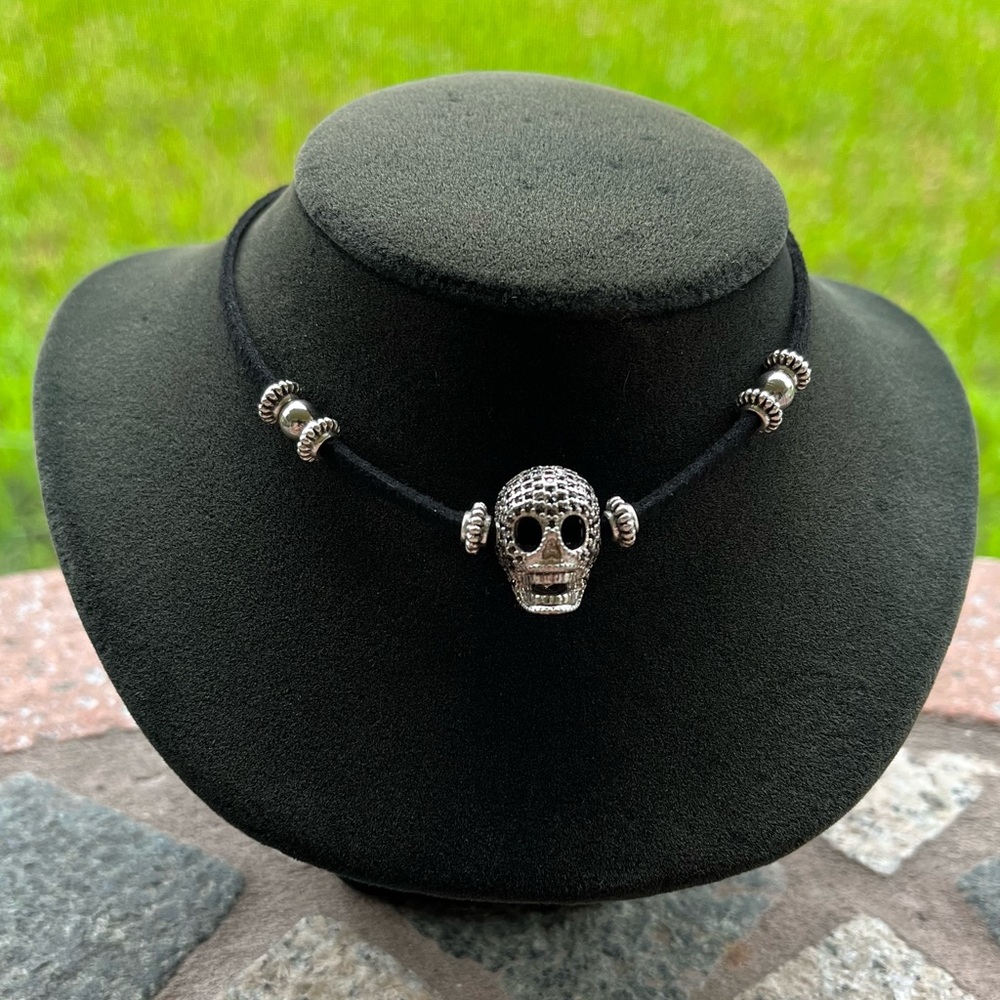 Black cz diamonds skull charm choker necklace on adjustable black suede cord